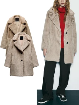 TRAF Дамска мода Faux кожа палто зимата нов ревера дълъг ръкав джоб хлабав удебелен топло палто Дамски ретро връхни дрехи