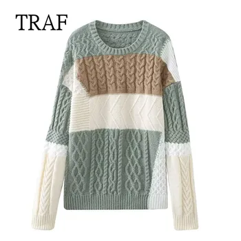 TRAF пачуърк плетен пуловер жени пуловер 2023 есен извънгабаритни пуловери жена дрехи хлабав случайни коледни пуловери