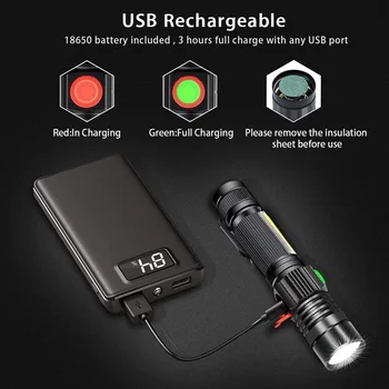 USB акумулаторно фенерче Супер ярка магнитна LED факел с Cob Sidelight джобен клип Zoomable за къмпинг 2