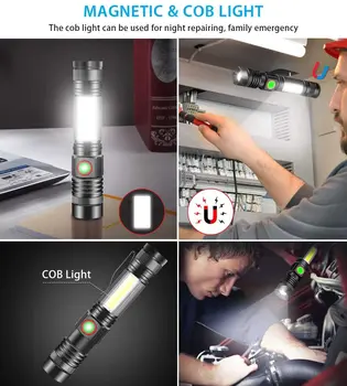 USB акумулаторно фенерче Супер ярка магнитна LED факел с Cob Sidelight джобен клип Zoomable за къмпинг 5