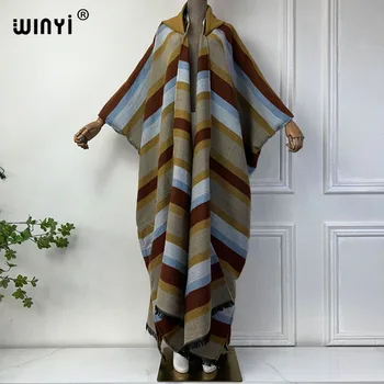 WINYI Зимни палта тоалети Дамски печат на празнична рокля Дебела топла женска кафтан свободна жилетка рокля Качулка моп палто мода мода Abaya