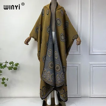 WINYI Зимни палта тоалети Дамски печат на празнична рокля Дебела топла женска кафтан свободна жилетка рокля Качулка моп палто мода мода Abaya 5