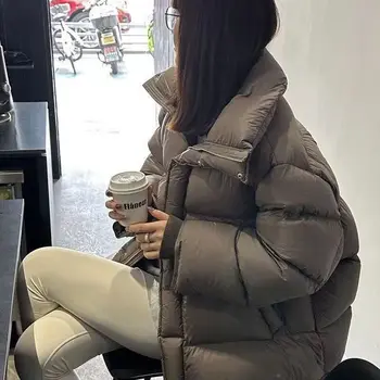 Бяла патица надолу яке за жените 2023 зимата нов корейски стил плътен цвят хлабав стоящи яка топло случайни хляб F240 2