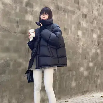 Бяла патица надолу яке за жените 2023 зимата нов корейски стил плътен цвят хлабав стоящи яка топло случайни хляб F240 4