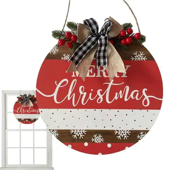 Весела Коледа знак кръг Коледа дърво врата закачалка с дървени червени борови клони Farmhouse стил за празници Начало декор