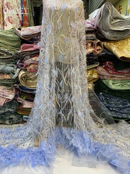 висок клас луксозен моден подиум френски окото перо формован дантела плат африкански с пайети цветни скъпоценни камъни плат за сватбена рокля 3