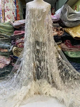 висок клас луксозен моден подиум френски окото перо формован дантела плат африкански с пайети цветни скъпоценни камъни плат за сватбена рокля 5