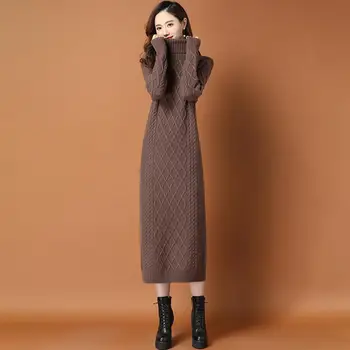 Дамски дълъг пуловер основна рокля ново през есента хлабав годни елегантен случайни ретро над коляното ръкав трикотажни рокли G869 0
