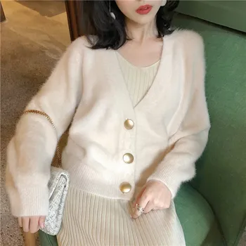 Дамски елегантен пуловер мохер с дълъг ръкав, еднореден женски къс жилетка, мек кашмир, гъвкаво плетено облекло, нов