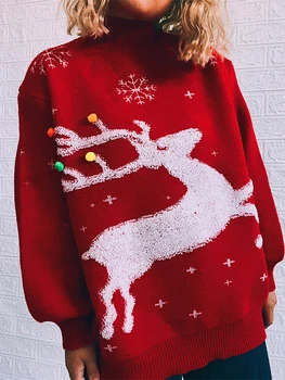 Дамски коледен пуловер Поло дълъг ръкав елен сняг пуловер пуловер зима есен Kintted пуловери Коледа върховете