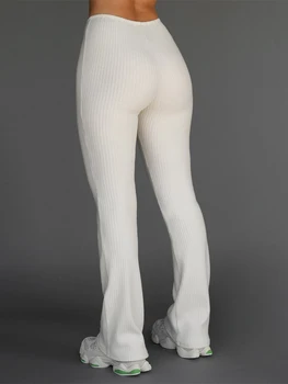 Дамски оребрени плетени ботуши йога панталони висока талия тънък годни тренировка звънец дъното гамаши фоайе панталони