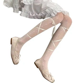 Дамски сладък балет Тънки копринени отвесни чорапогащи Японски JK момиче панделка вратовръзки Bowknot шарени шарени чорапогащник