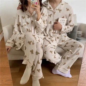 Двойка жени комплект два джоба парче ежедневно спално облекло Начало Любовници Kawaii реколта памучни пижами костюм корейски есен 3