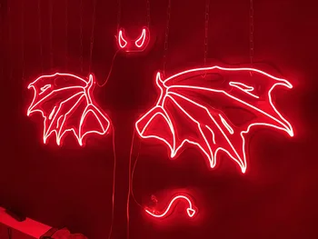 Дяволски крила Неонов знак за косплей снимка Хелоуин ангелски крила демон рога и опашка парти декор фото зона декорация червени крила 4