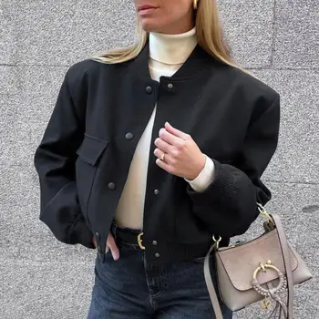 Ежедневни жени яке дълги ръкави стойка яка бутон капка рамо джоб кратко женско палто връхни дрехи chaquetas para mujeres 0