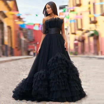 Елегантни разрошени тюлени абитуриентски парти рокли Черна вечерна рокля без презрамки vestidos para mujer 2024 Абитуриентски рокли по поръчка