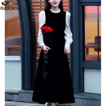 Есен Основно облекло Корея шик женствени вестидос жени мода пачуърк елегантен офис дама ретро стойка яка черна дълга рокля