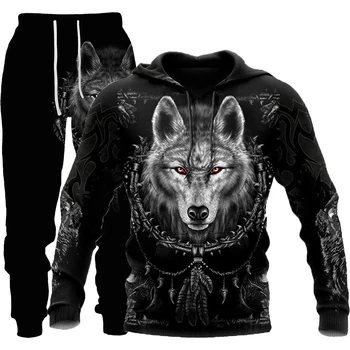 Есенен мъжки пуловер комплект Wolf King 3D печат високо качество улица тенденция костюм мода мъже анцуг качулка + дълги панталони 2 парче комплект
