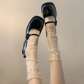 жени Harajuku шифон прозрачни окото дантелени чорапи секси дами сладки ултра-тънки марля чорапи Sox женски тръба трикотаж