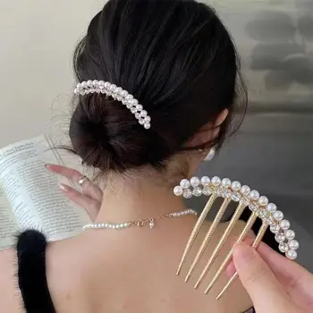 Жените гребен за коса дълга коса гребен златни булчински аксесоари за коса елегантни изкуствени перли кристал коса гребен стик за сватби