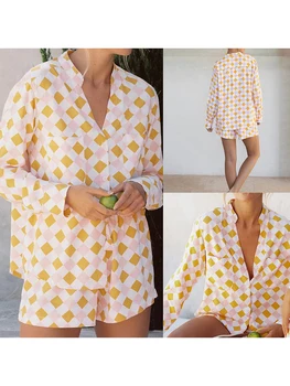 Жените дълъг ръкав 2 парче пижами комплект стойка яка печат бутон нагоре риза шорти комплект шезлонги