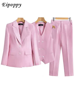 Жените официални нетактичност жилетка и панталон костюм флот розово оранжево офис дами дълъг ръкав 3 парчета комплект за бизнес работа кариера износване