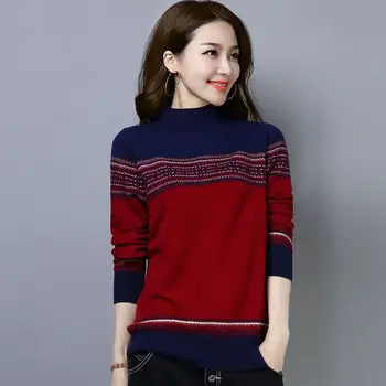 Жените плетене половин високо врата пуловери Топ дълъг ръкав всички мач контраст къси пуловери реколта мода случайни облекло