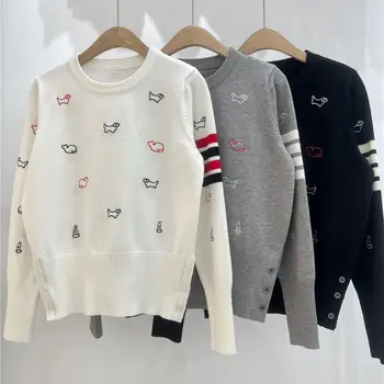 Животински бродерия пуловери за жени, Оверсайз трикотаж джъмпери, бял цвят пуловер, Preppy Crop върхове, y2k дрехи