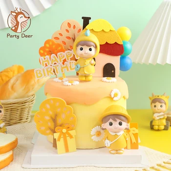 Жълт динозавър Бебешка торта Орнаменти Бебешки душ Пол разкрива Маргаритка Цветно дърво торта Топери Торта за рожден ден Печене Декорация
