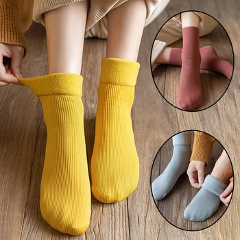 Зимни сгъсти термични чорапи за мъже жени плътен цвят случайни студено доказателство сняг чорапи плюшени сгъсти дома етаж чорапи