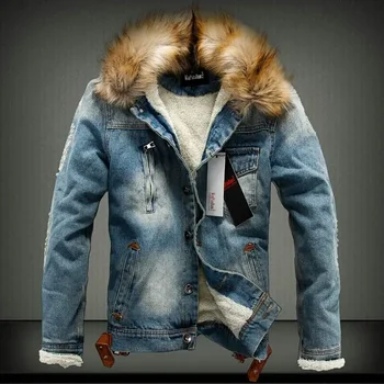 Зимно мъжко дънково яке Извънгабаритна кожена яка Ретро изтръгнат руно сгъстяване дънки яке за мъжко облекло есенно зимно палто S-6XL