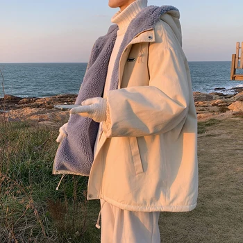 Зимно руно палто топло Parkas мъжки хлабав корейски модерен плътен цвят извънгабаритни сгъстени качулка парка мъже ватирани яке H167