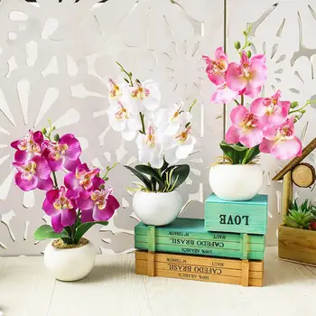 Изкуствена пеперуда орхидея саксийни бонсай с саксия фалшиви растения цветя за дома спалня хол градина декорация