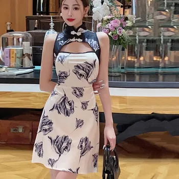 Китайска рокля Лятна тънка обвивка Хип секси мини Qipao рокля модерна 2023 Елегантна мандаринова яка без ръкави Cheongsam Female Vestido