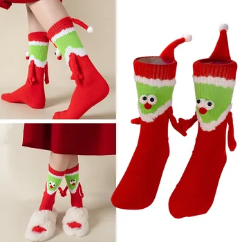 Коледа магнитно засмукване ръка в ръка чорапи творчески 3D държейки ръце дълги червени чорапи момичета сладък двойка памук чорап
