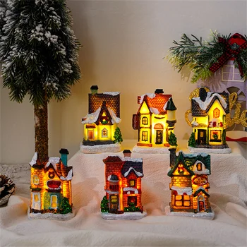 Коледна светлина Led къща коледно дърво орнаменти LED смола малка селска къща Коледа блясък декор подарък 2023Честита Нова година декори