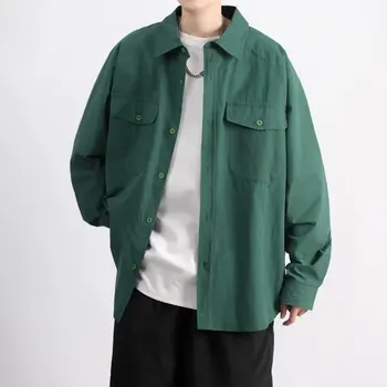 Корейска мода Зелени ризи с дълъг ръкав Мъжки Harajuku Черно извънгабаритни риза палто бутон нагоре ризи блузи мъжки дрехи