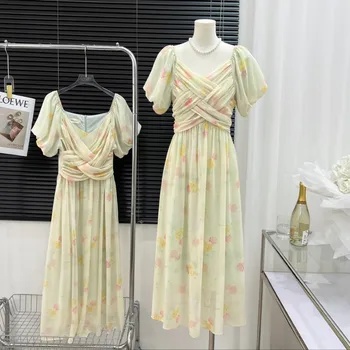 Корейска мода отпечатани квадратни яка рокли парти удобни елегантни дамски рокля A-Line дамска рокля