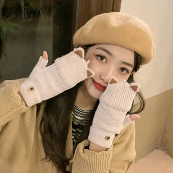 Корейска мода плетени ръкавици сладък котка уши зимата флип-топ ръкавици жени половин пръст ръкавици меки удобни дебели топла ръкавица
