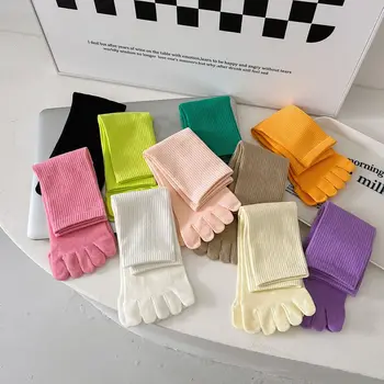 корейски нова мода памук пет пръста чорапи жени дама кратко плътен цвят пет пръста тръба чорапи дишаща кратко спортни трикотаж