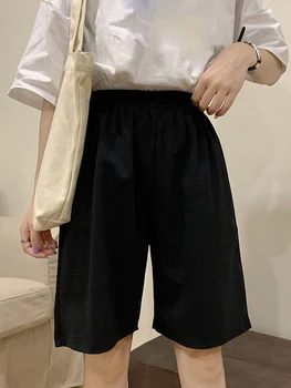 корейски чист памук сив черен дамски шорти мода случайни редовни хлабав голям размер прав твърда еластичност джогър шорти женски