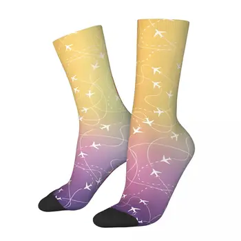 Луд чорап за мъже Натоварено въздушно пространство Rainbow Hip Hop Harajuku Маршрути за полети Happy Seamless Pattern Printed Boys Crew Sock Casual 0
