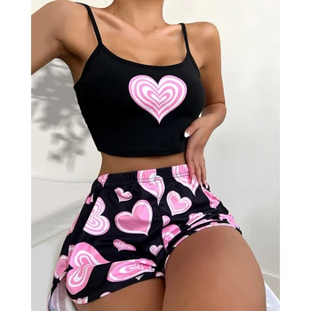 Лятна пижама Комплект Домашно облекло 2 броя Розов комплект пижами с принт на сърце Шезлонги Дамски спагети каишка Crop Top & Short Set Спално облекло