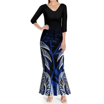 Лято Дамски дълга пола Рокля в средата на ръкава Cool Fabric мода Slim-Fit рокля Банкетна рокля Lotus пола полинезийски обичай