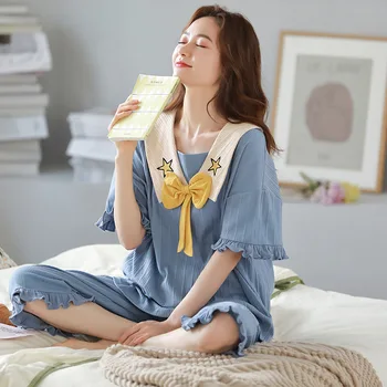 Лято Нов плетен памук къс ръкав изрязани панталони пижами комплект дамски пуловер сладък дом дрехи сън салон пижама M-5XL