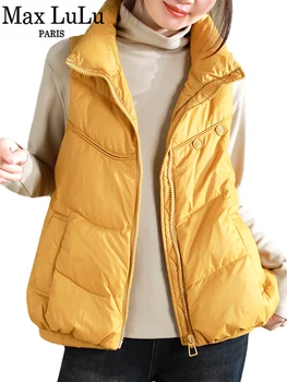 Макс Лулу 2023 Зимни якета без ръкави Дамска мода хлабав топло патица надолу жилетка дами случайни реколта резервоар палта сняг дрехи