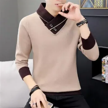 Мъжка монохромна плетена риза Дебело кръгло деколте яке с дълъг ръкав облекло Корейска мода Есен и зима