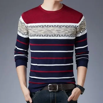 Мъжко облекло Червен случаен V врат плетен пуловер мъжки пуловери Графичен корейски моден памук 2023 Есен дълъг ръкав 100% Golf A X 0