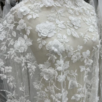 Нов изящен ръчно зашит 3D цвете пайети мъниста бродерия сватба вечерна рокля персонализирани дрехи дантела тъкани