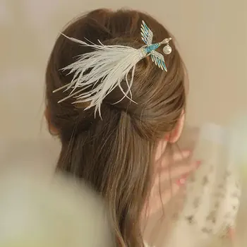 Нов китайски стил аксесоари за коса жените феникс перо фиба есен и зима коса вилица реколта шапки аксесоари